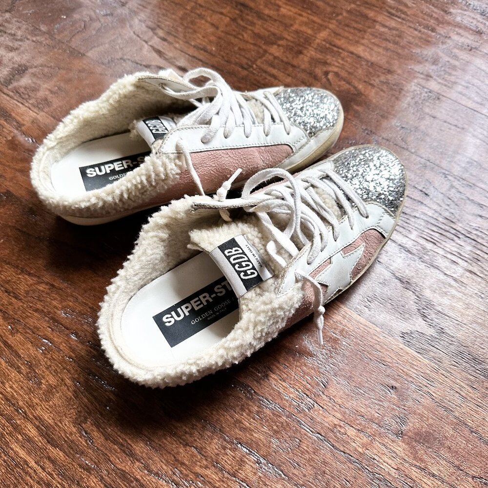 Golden Goose Sabot Glitter SUPERSTAR Slide Sneakers-PinkWhite Furry Size 38